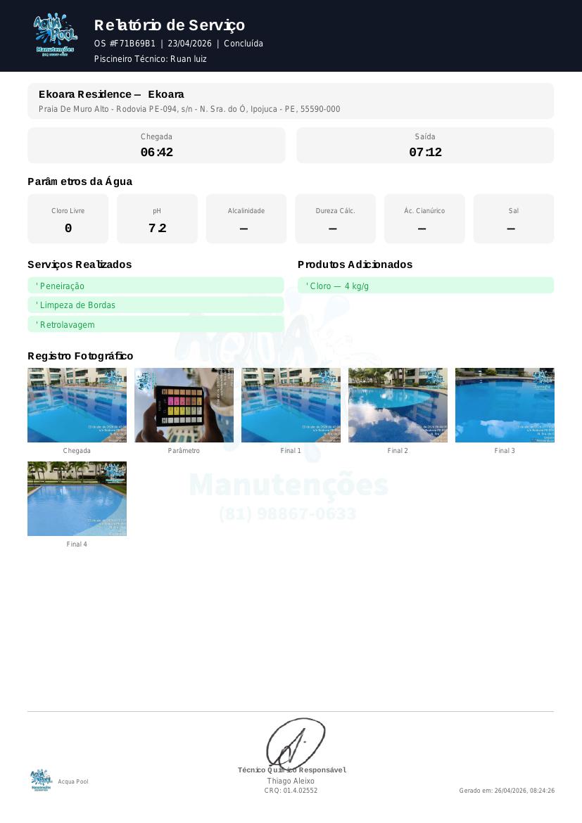 Exemplo de relatório técnico AQUAPOOL com fotos, parâmetros da água e assinatura do químico responsável